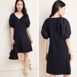 Maeve by Anthropologie Black Annika Puff Sleeve V Neck Cotton Dress — Medium
